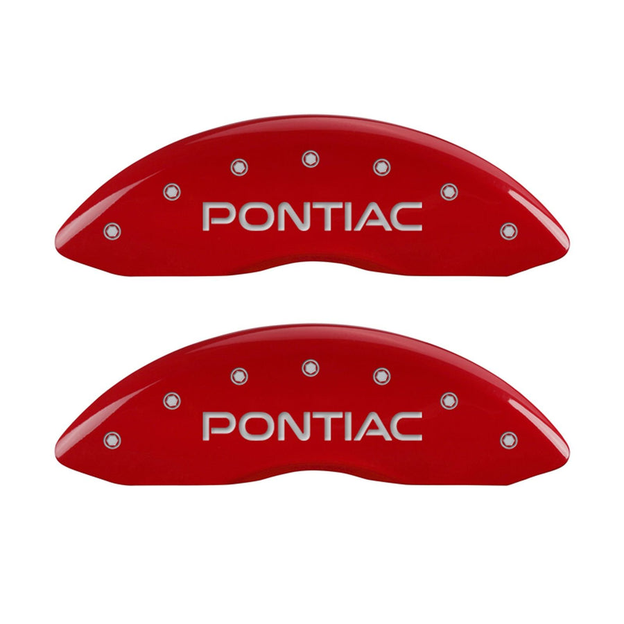 Caliper Covers MGP 18029SPOPRD (Red Powder Coat Finish, Engraved Front and Rear: Pontiac, Silver Characters, Set of 4)