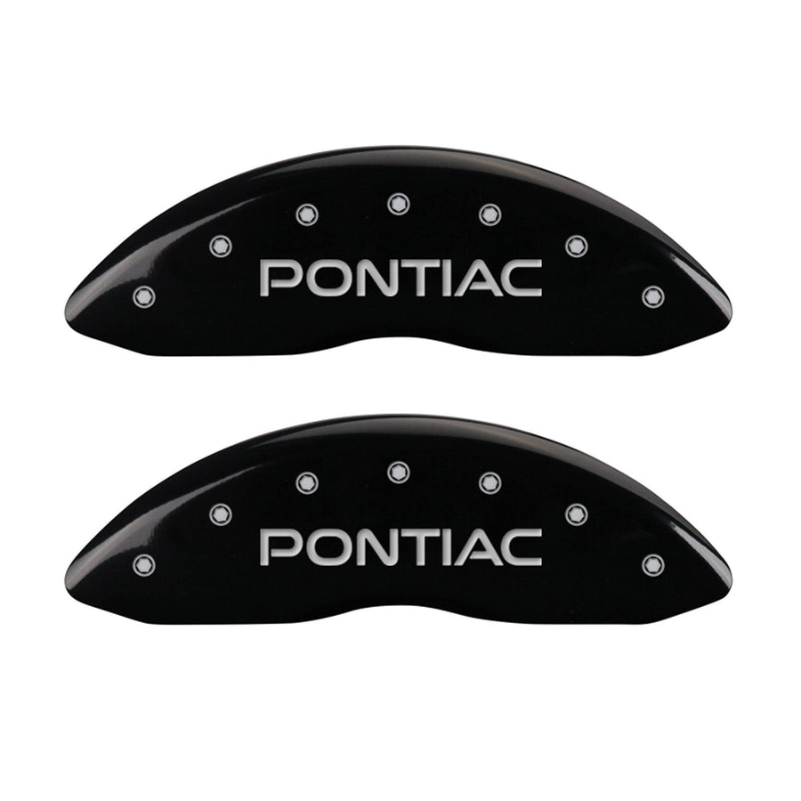 Caliper Covers MGP 18028SPOPBK 'Pontiac' Engraved with Black Powder Coat Finish and Silver Characters, (Set of 4)