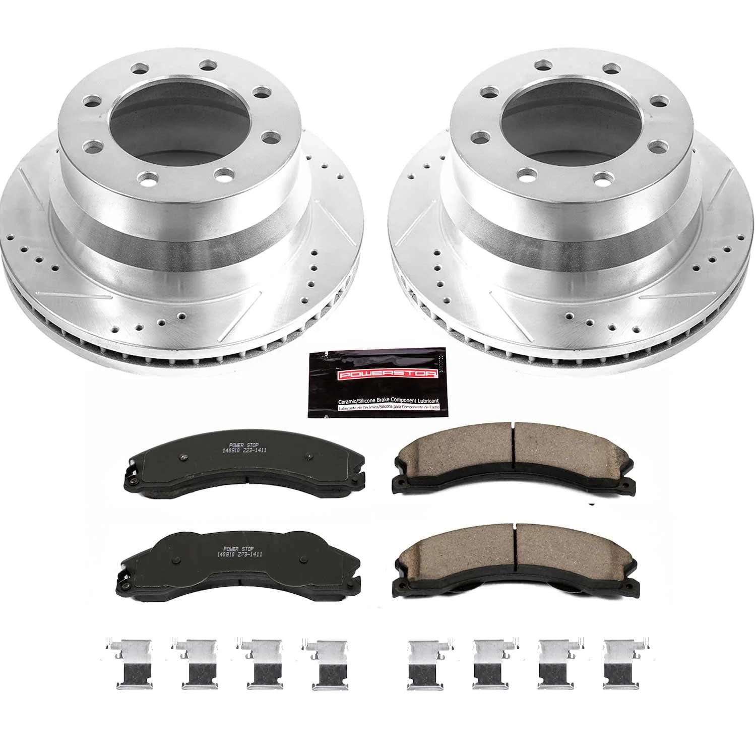 Power Stop K6257 Z23 Carbon Fiber Brake Pads Rear with Drilled & Slotted Brake Rotors Kit For Chevrolet Express 3500, Chevrolet Express 4500, GMC Savana 3500, GMC Savana 4500 [Model Specific]