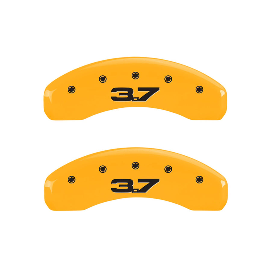 Caliper Covers MGP 10204SM32YL, Set of 4 (Yellow Engraved Front: 2015/Mustang - Engraved Rear: 2015/37 Powder Coat Finish Black Characters)