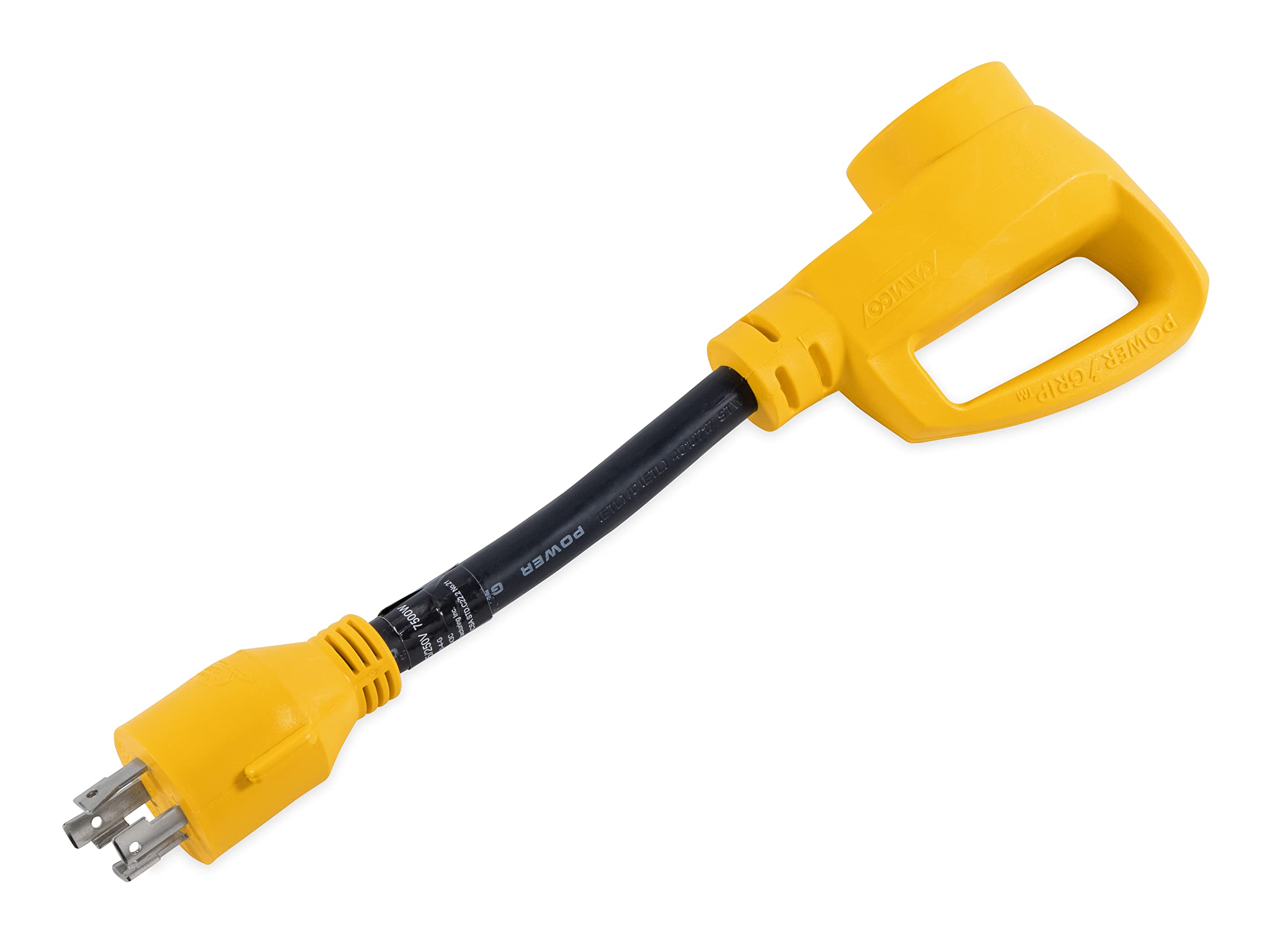 Camco Generator Adapter PowerGrip Camper/RV | Features a 4-Prong L14-30 Male End and a Standard 50-Amp Female End | Rated for 125/250 Volts & 7500 Watts (55422)