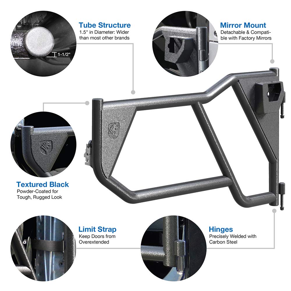 Tyger Auto Tubular Doors TG-DR4J62758 Compatible with 2018-2025 Jeep Wrangler JL 4-Doors (Not JK); 2020-2025 Gladiator JT | Textured Black | Mirror Mount | Front & Rear Door Set