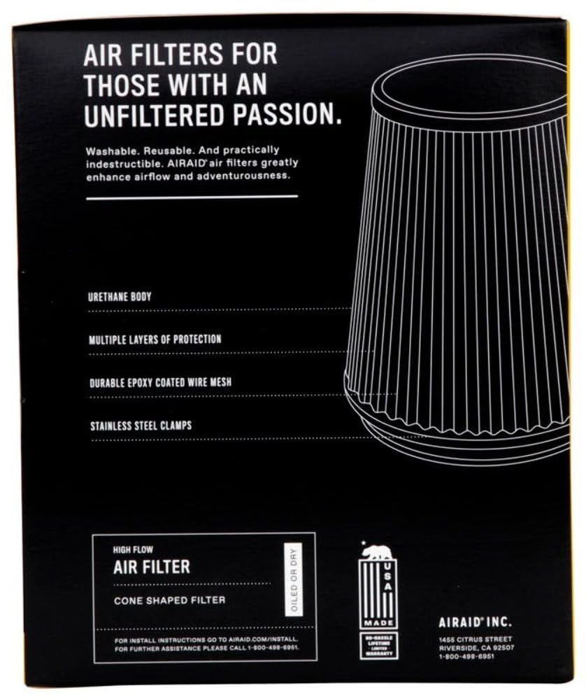 Airaid Universal Clamp-On Air Filter 701-469: Round Tapered; 6 Inch (152 mm) Flange ID; 9 Inch (229 mm) Height; 7.25 Inch (184 mm) Base; 5 Inch (127 mm) Top