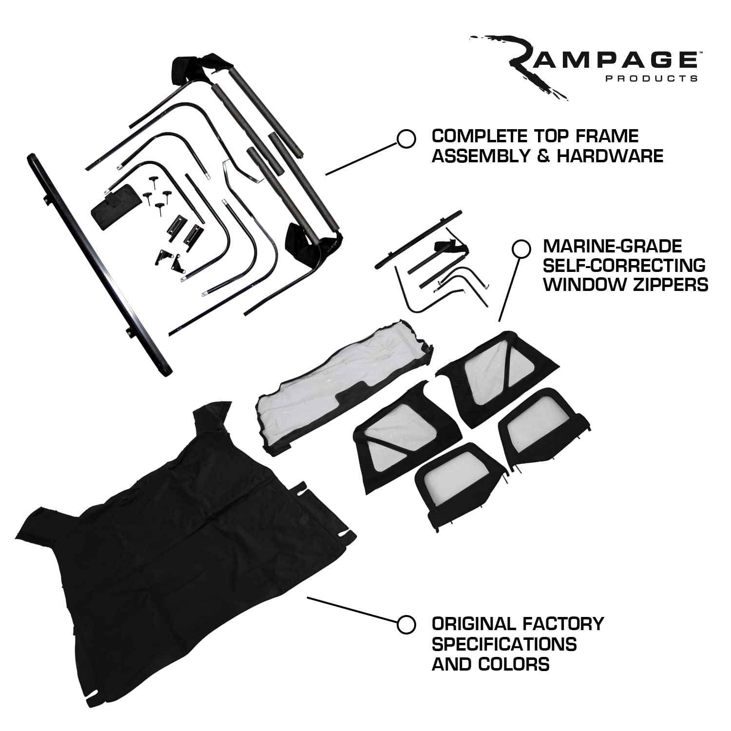 Rampage Complete Soft Top Rampage | Vinyl, Black with Tinted Windows, includes Frame & Hardware | 98501 | Fits 1980 - 1993 Ford Bronco