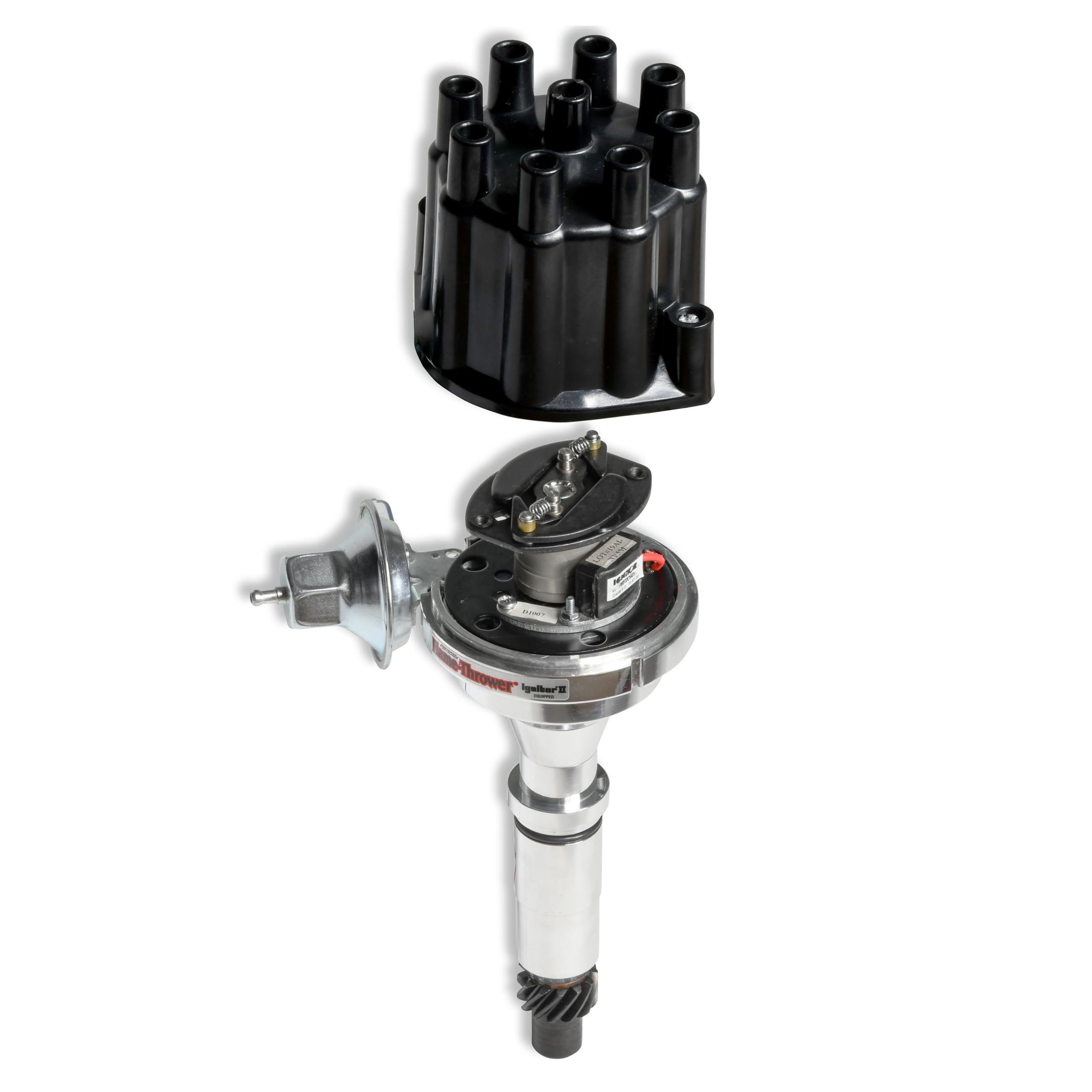 FLAME-THROWER PERTRONIX BILLET DISTRIBUTOR WITH IGNITOR II ELECTRONICS FOR BUICK NAILHEAD ENGINE. VACUUM ADVANCE WITH BLACK FEMALE STYLE CAP.