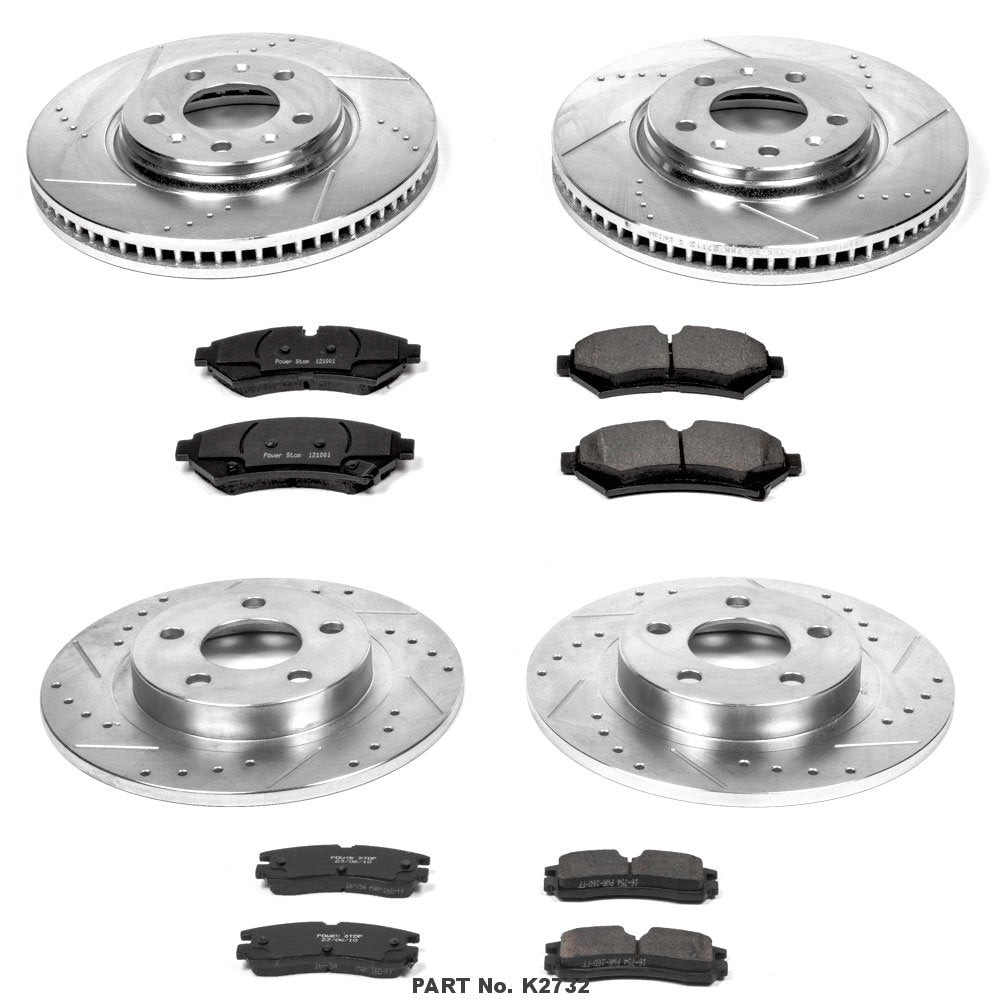 Power Stop K2732 Z23 Carbon Fiber Brake Pads Front and Rear with Drilled & Slotted Brake Rotors Kit