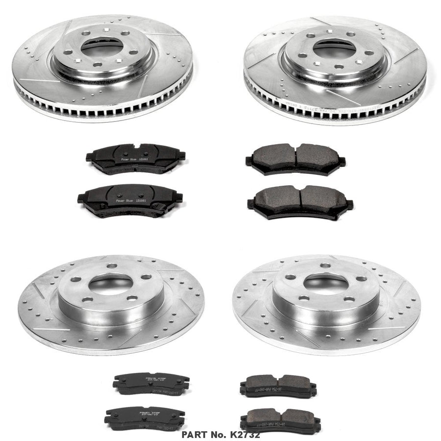 Power Stop K2732 Z23 Carbon Fiber Brake Pads Front and Rear with Drilled & Slotted Brake Rotors Kit