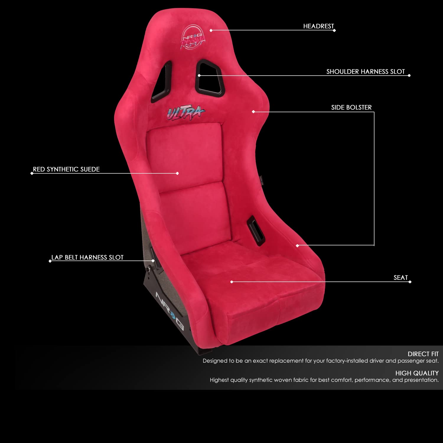 NRG Innovations Universal NRG-FRP-303RD-ULTRA Fixed Back Bucket Racing Seat with Side Mount Adapters for 6-Point Harnesses, Size M, Red Seat Cover, 22" W X 34" H X 21" D