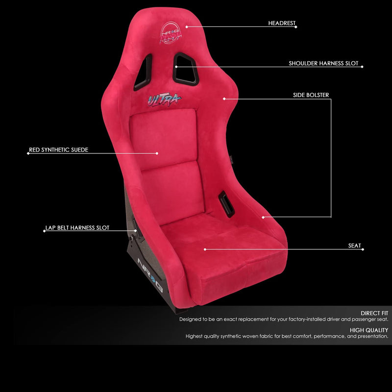 NRG Innovations Universal NRG-FRP-303RD-ULTRA Fixed Back Bucket Racing Seat with Side Mount Adapters for 6-Point Harnesses, Size M, Red Seat Cover, 22" W X 34" H X 21" D
