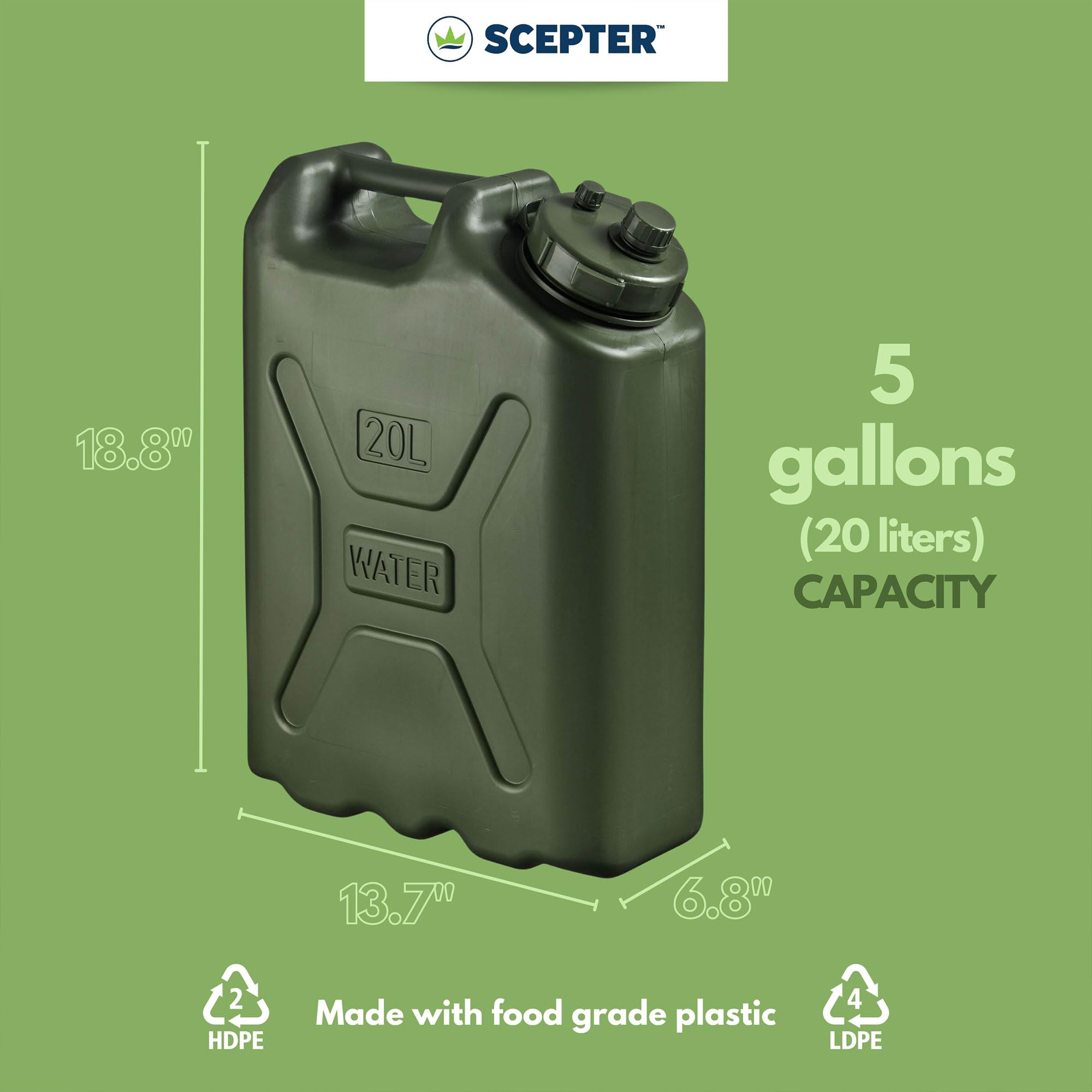 Scepter Military Style Portable Water Container for Camping & Outdoors, 5 Gallon, Green - Heavy-Duty Plastic Beverage and Hydration Dispenser for Outdoor Trip