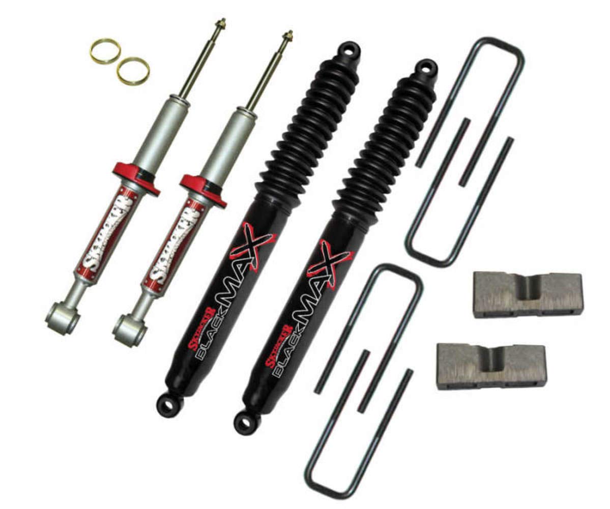 Skyjacker Federungshebe-Set F432STBB mit Stoßdämpfer, 7,6 cm. Hebebühne mit schwarzen Max-Stoßdämpfern, inkl. Federbeinen, U-Schrauben, Aufhängungshebe-Set mit Stoßdämpfer