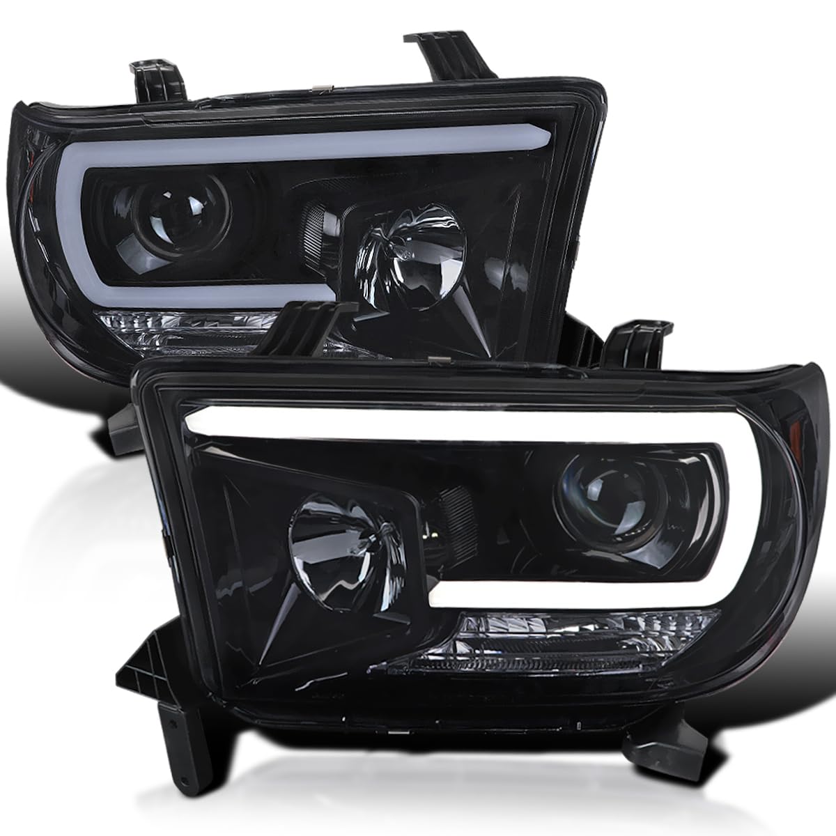 Glossy Black Smoke SPEC-D TUNING Projector Headlights w/LED Light Bar Compatible with 2007-2013 Toyota Tundra, 2008-2017 Toyota Sequoia, Left + Right Pair Headlamps Assembly