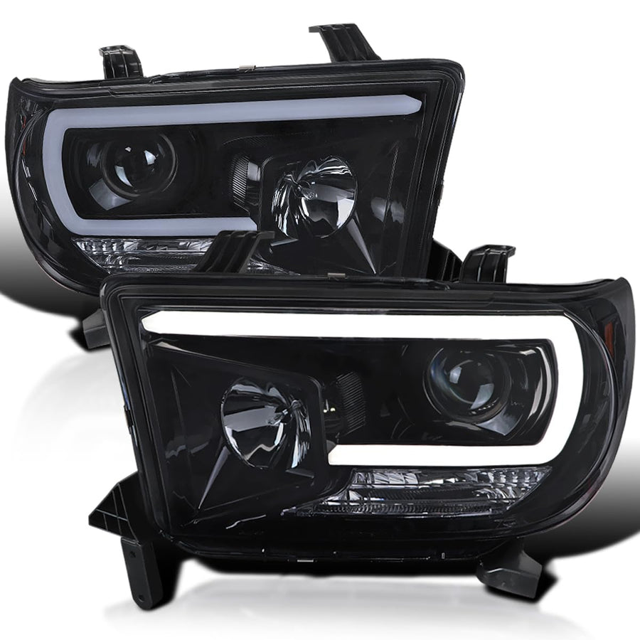 Glossy Black Smoke SPEC-D TUNING Projector Headlights w/LED Light Bar Compatible with 2007-2013 Toyota Tundra, 2008-2017 Toyota Sequoia, Left + Right Pair Headlamps Assembly