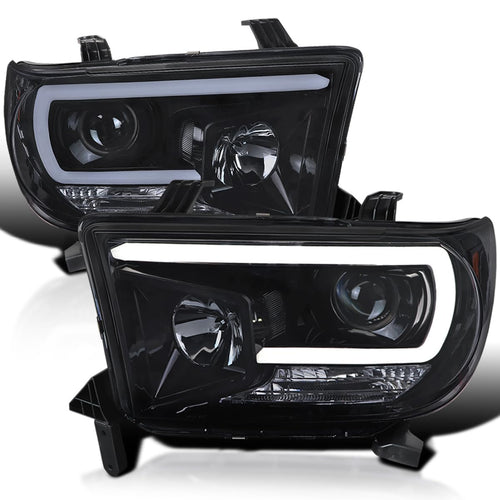 Glossy Black Smoke SPEC-D TUNING Projector Headlights w/LED Light Bar Compatible with 2007-2013 Toyota Tundra, 2008-2017 Toyota Sequoia, Left + Right Pair Headlamps Assembly