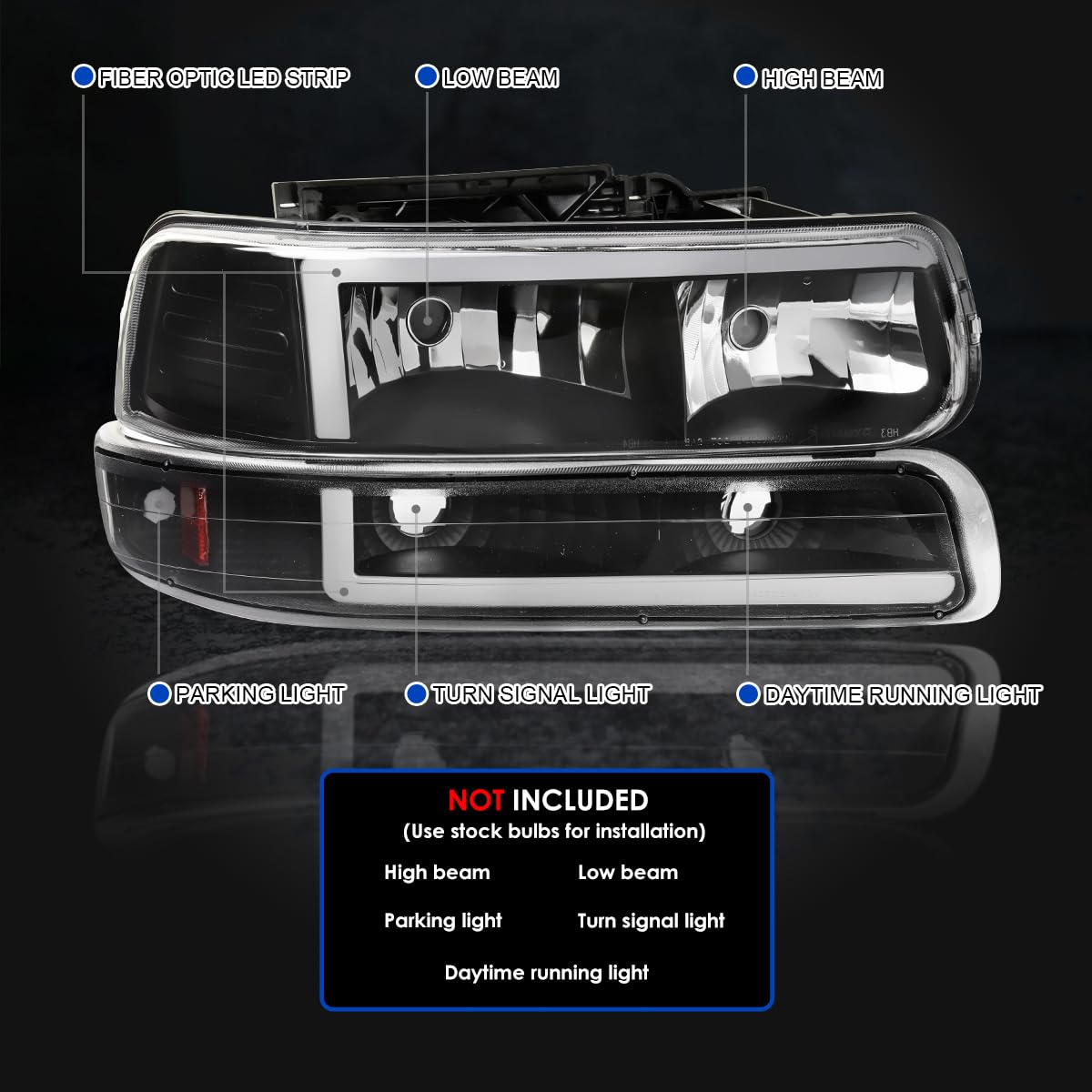 Black LED Bar Headlights + Bumper Lights SPEC-D TUNING Compatible with 1999-2002 Chevy Silverado 2000-2006 Tahoe Suburban, Left + Right Pair Headlamps Assembly