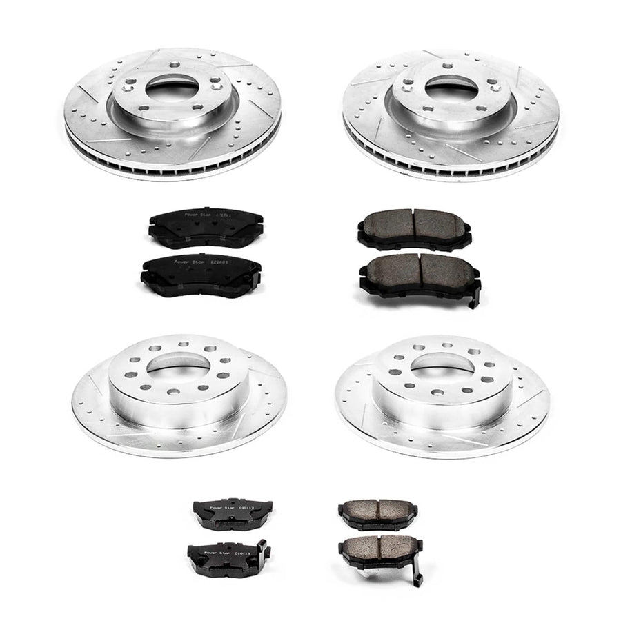 Power Stop K166 Z23 Carbon Fiber Brake Pads Front and Rear with Drilled & Slotted Brake Rotors Kit For Hyundai Tiburon 2003-2008 [Model Specific]