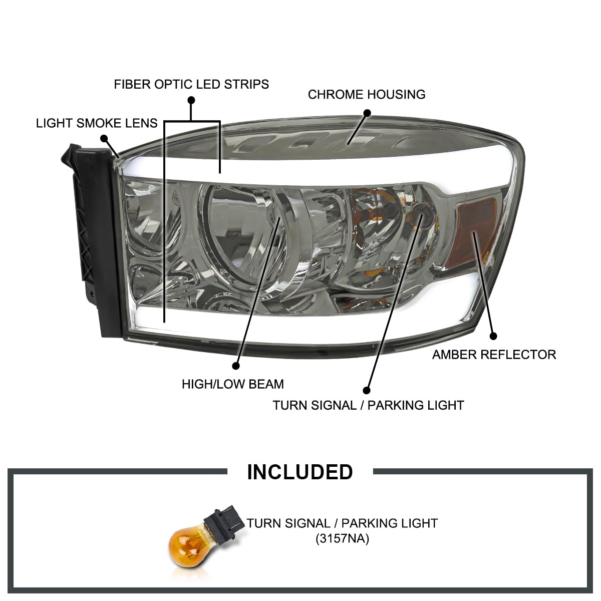 Light Smoke Spec-D Tuning Headlights with Amber Reflector and LED Strip Compatible with 2006-2008 Dodge Ram 1500 2500 3500
