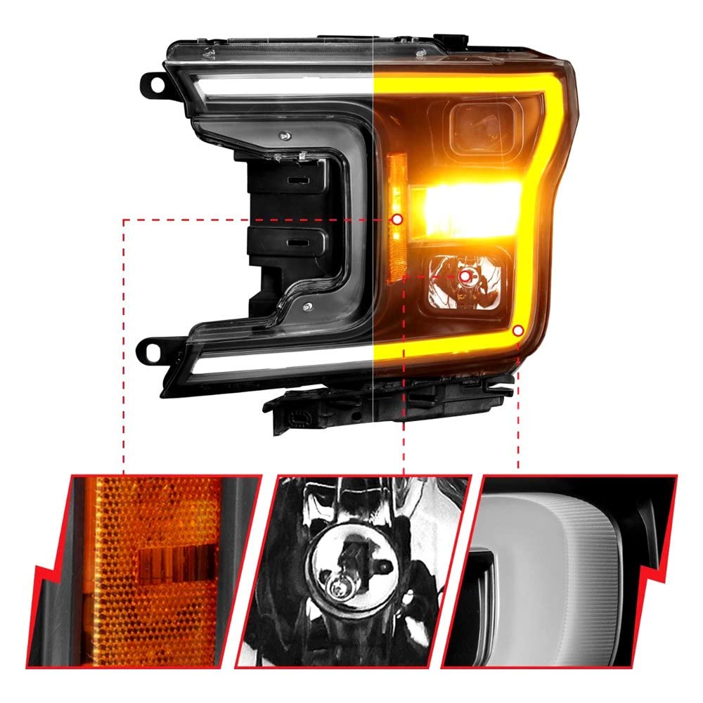 2018-2020 Ford F-150 ANZO (111509) Projector Headlight w/Plank Style Switchback Black Housing