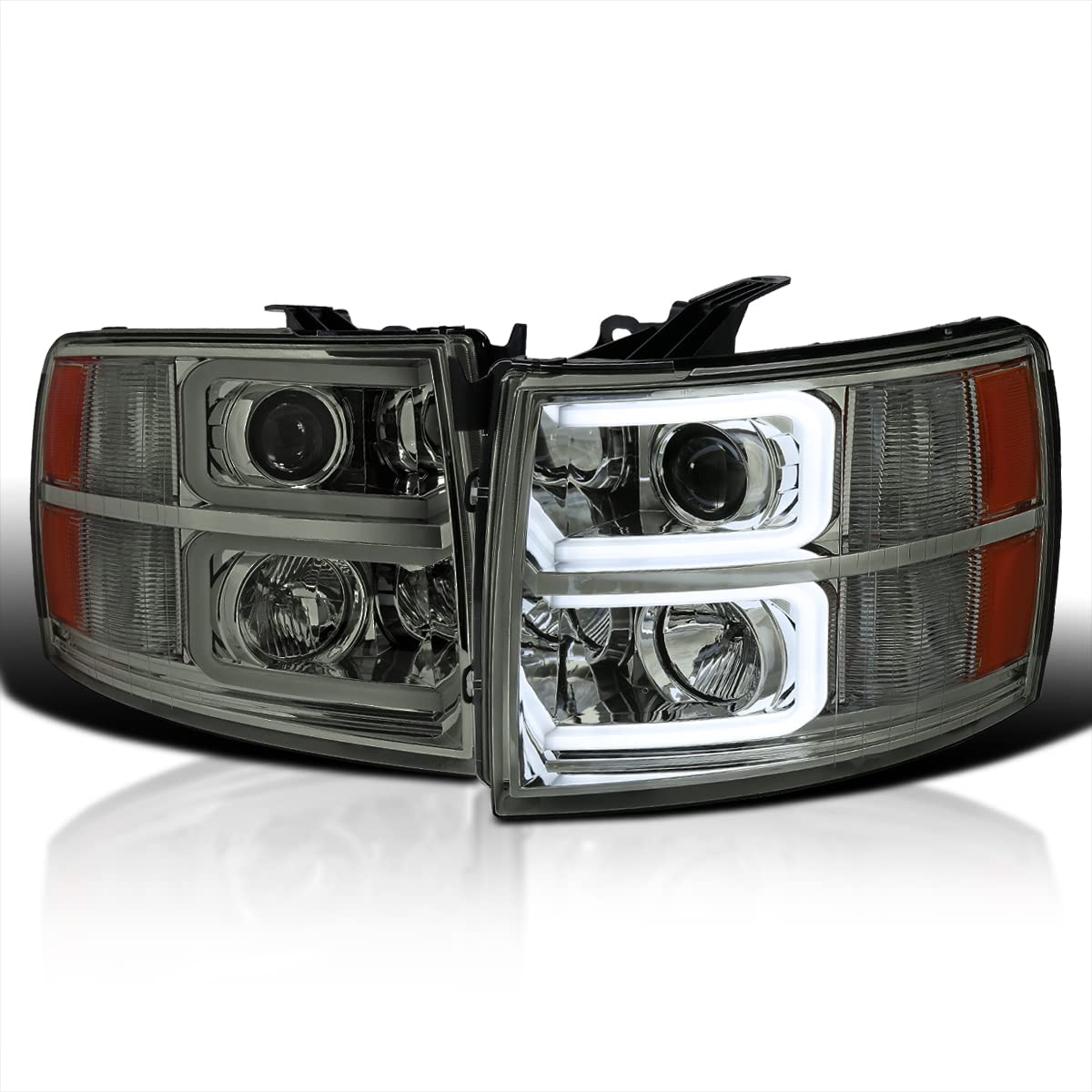 Spec-D Tuning Projector Headlights LED Light Bar Smoke Lens Compatible with 2007-2013 Chevy Silverado 1500, 2007-2014 Chevy Silverado 2500HD / 3500HD, Left + Right Pair Headlamps Assembly