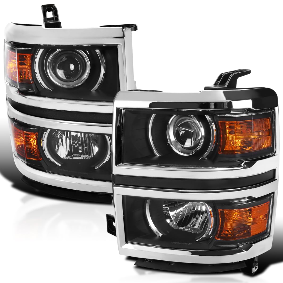 Black Projector Headlights w/Silver Trim SPEC-D TUNING Compatible with 2014-2015 Chevy Silverado 1500, Left + Right Pair Headlamps Assembly