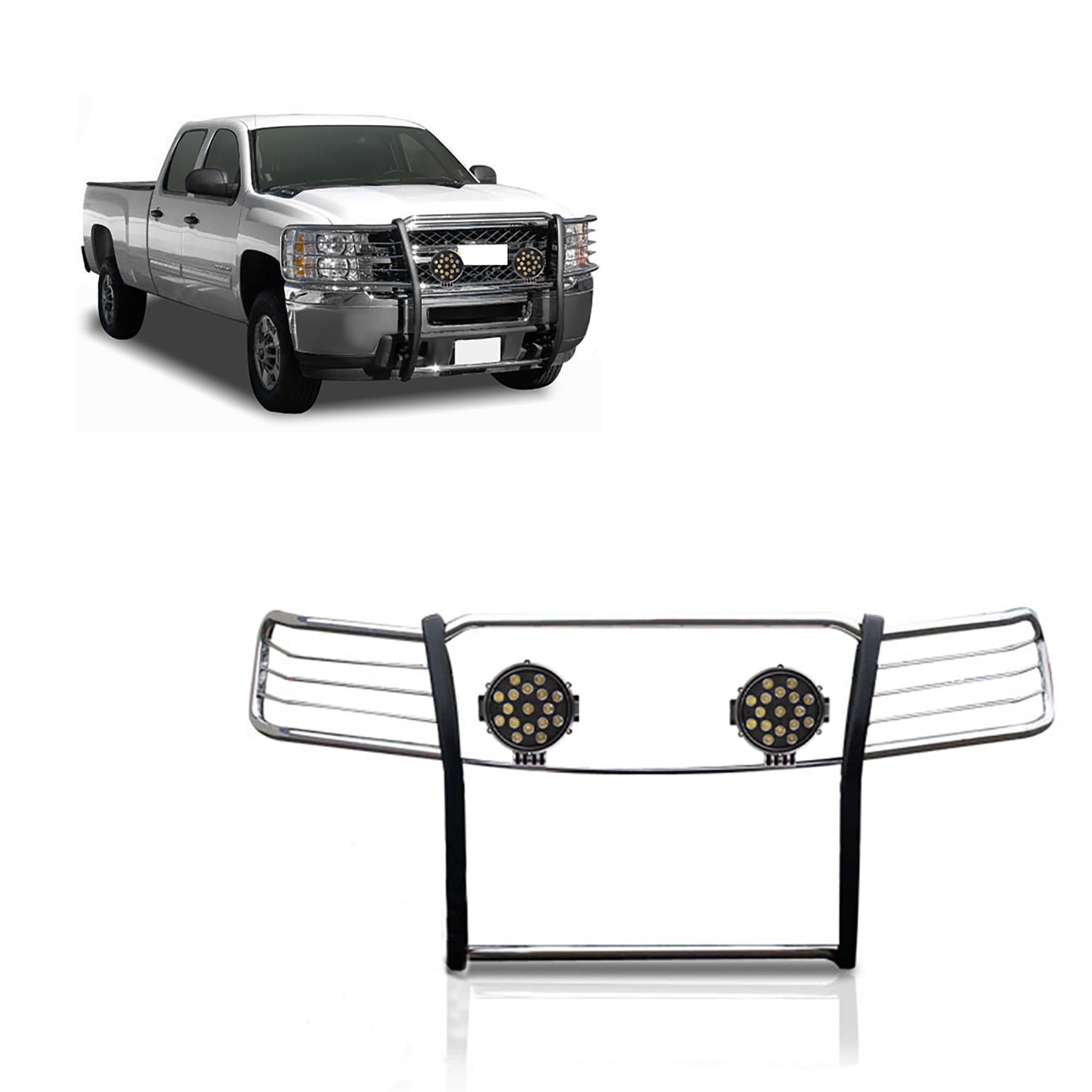 Bumper Guard Black Horse Grille brush Modular Stainless Steel Come With pair of 7.0"Dia.LED Lights with Black Trim Rings Compatible with 2014-2018 Chevrolet Silverado 1500-17GT27MSS-PLB