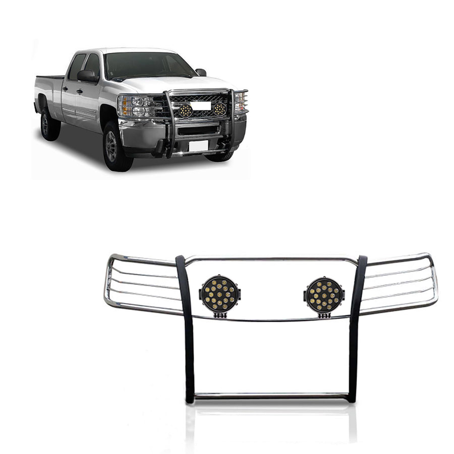 Bumper Guard Black Horse Grille brush Modular Stainless Steel Come With pair of 7.0"Dia.LED Lights with Black Trim Rings Compatible with 2014-2018 Chevrolet Silverado 1500-17GT27MSS-PLB