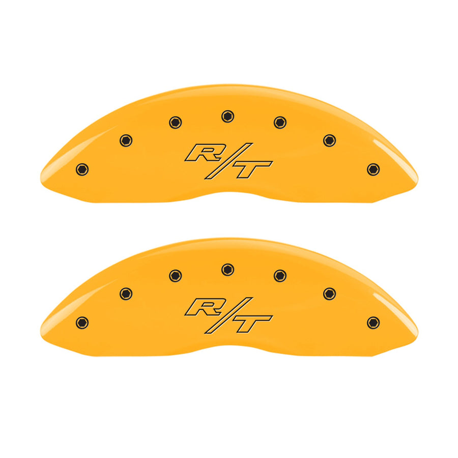Brake Caliper Covers MGP - for 2011-2023 Dodge Challenger & 2011-2023 Dodge Charger (Requires Dual Piston Front Caliper) Front and Rear Set - Engraved R/T Vintage Logo (Yellow)