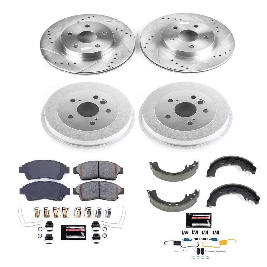 Power Stop K15062DK Z23 Carbon Fiber Brake Pads Front and Rear with Drilled & Slotted Brake Drums Kit For Toyota RAV4 1996-2000 [Model Specific]