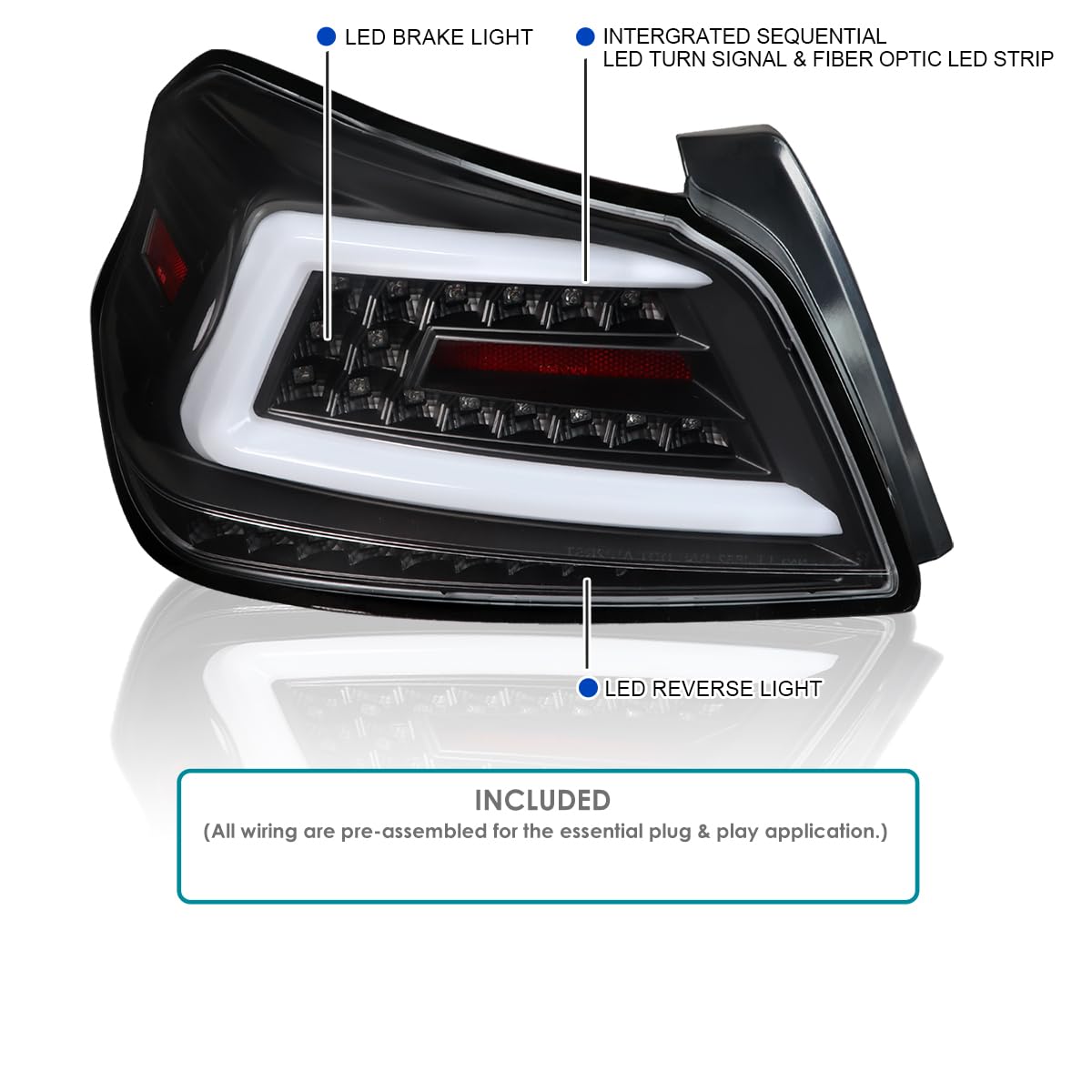 Black LED Tail Lights SPEC-D TUNING w/White Sequential LED Tube Compatible with 2015-2021 Subaru WRX/WRX STI Left + Right Pair Assembly