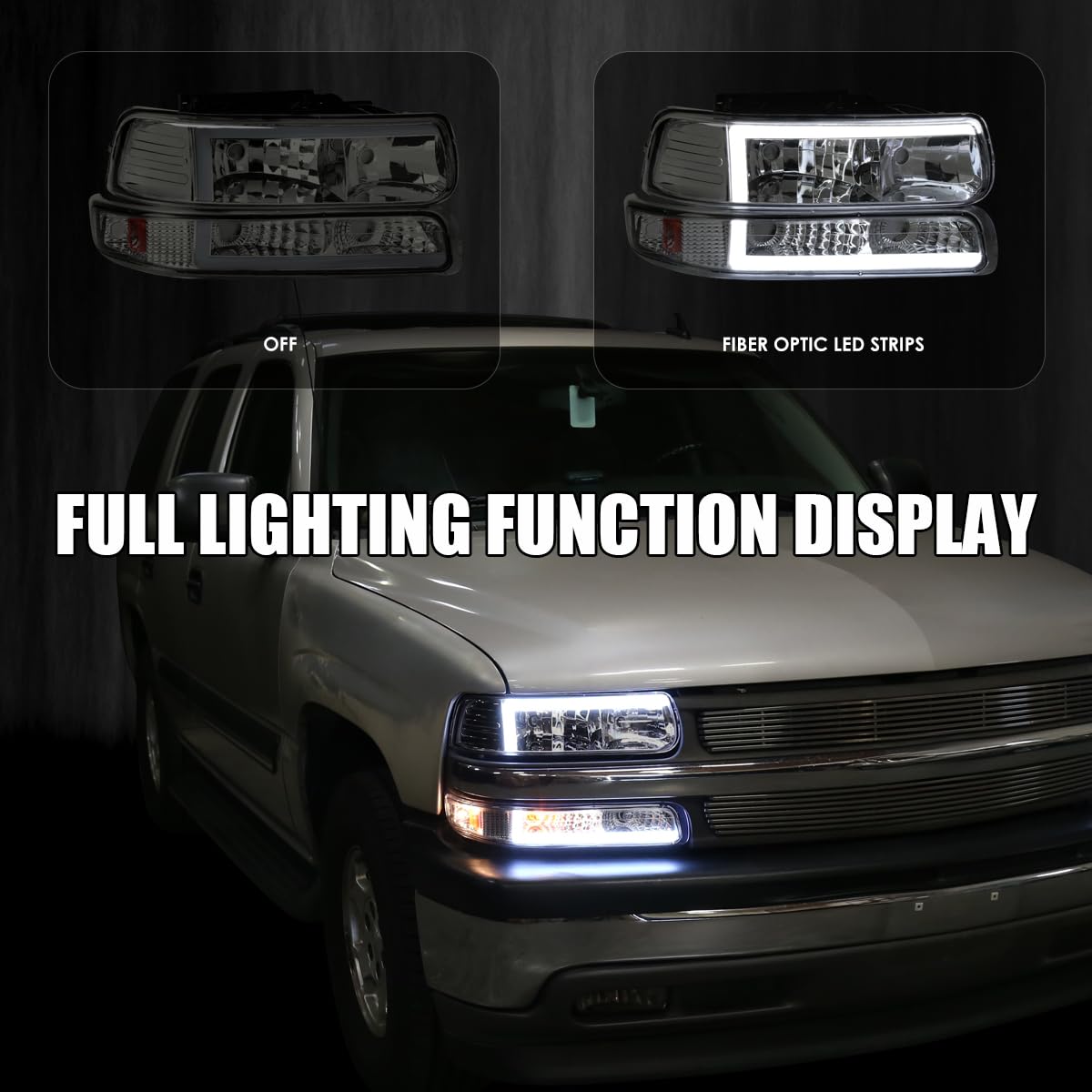 Smoke LED Bar Headlights + Bumper Lights SPEC-D TUNING Compatible with 1999-2002 Chevy Silverado 2000-2006 Tahoe Suburban, Left + Right Pair Headlamps Assembly