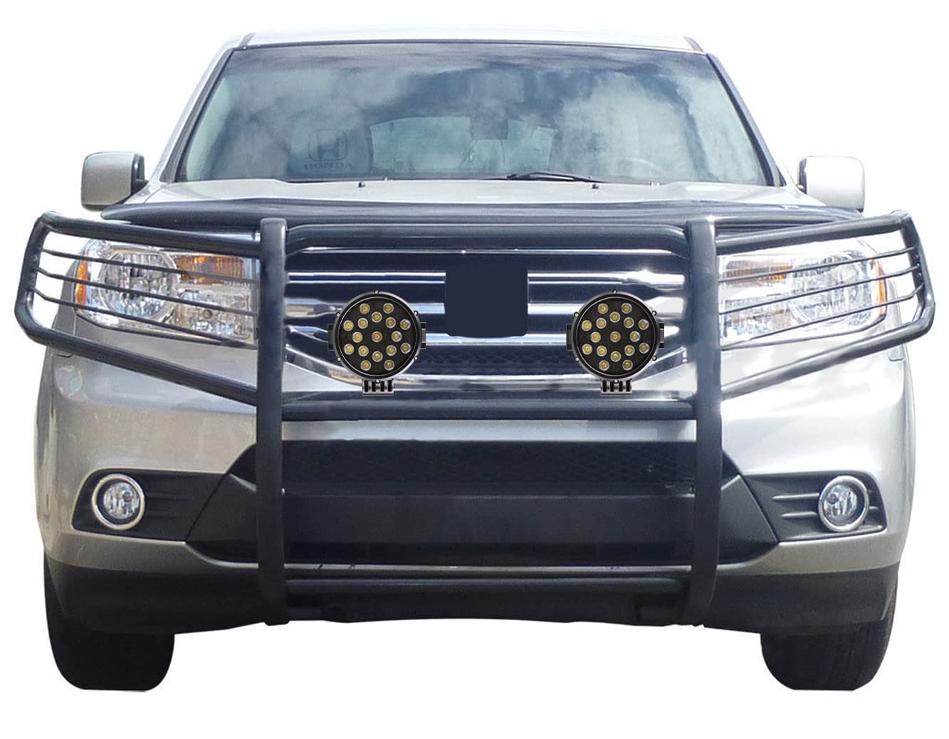 Bumper Guard Black Horse Grille Brush Modular Black Come with Pair of 7.0" Dia.LED Lights with Black Trim Rings Compatible with 2016-2022 Honda Pilot-17H151402MA-PLB