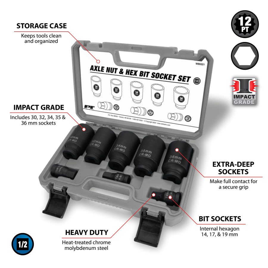W89321 Performance Tool Axle Nut and Hex Bit Socket Set (8 Pieces) - Chrome Molybdenum Steel Construction, Extra-Deep Sockets for Secure Grip, Corrosion Protection, Fitted Storage Case - 1/2 in. Drive
