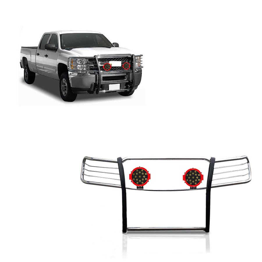 Bumper Guard Modular Black Horse Grille Brush Stainless Steel Come With pair of 7.0"Dia.LED Lights with Red Trim Rings Compatible with 2014-2018 Chevrolet Silverado 1500-17GT27MSS-PLR