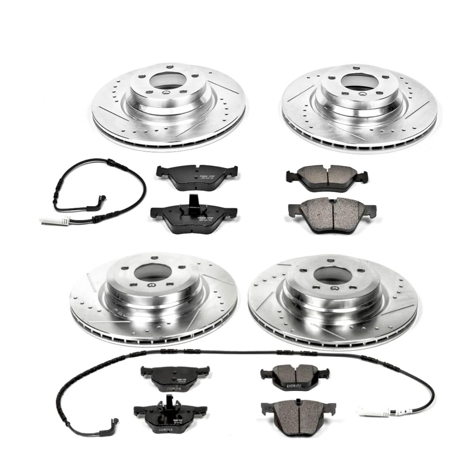 Power Stop K2886 Z23 Carbon Fiber Brake Pads Front and Rear with Drilled & Slotted Brake Rotors Kit and 1 Front & 1 Rear Sensor Wires For BMW 330i 2006 [Model Specific]