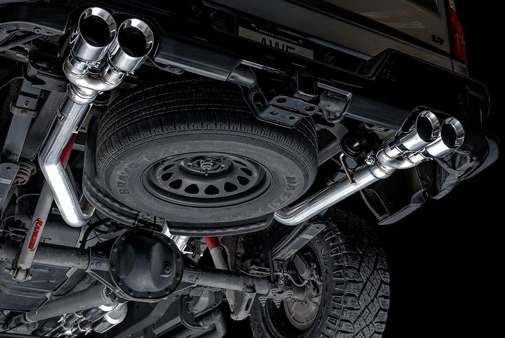 4th Gen AWE Tuning GM 1500 6.2L 0FG Catback Split Rear Exit (w/Bumper Cutouts) - Quad Chrome Tips - 3015-42203