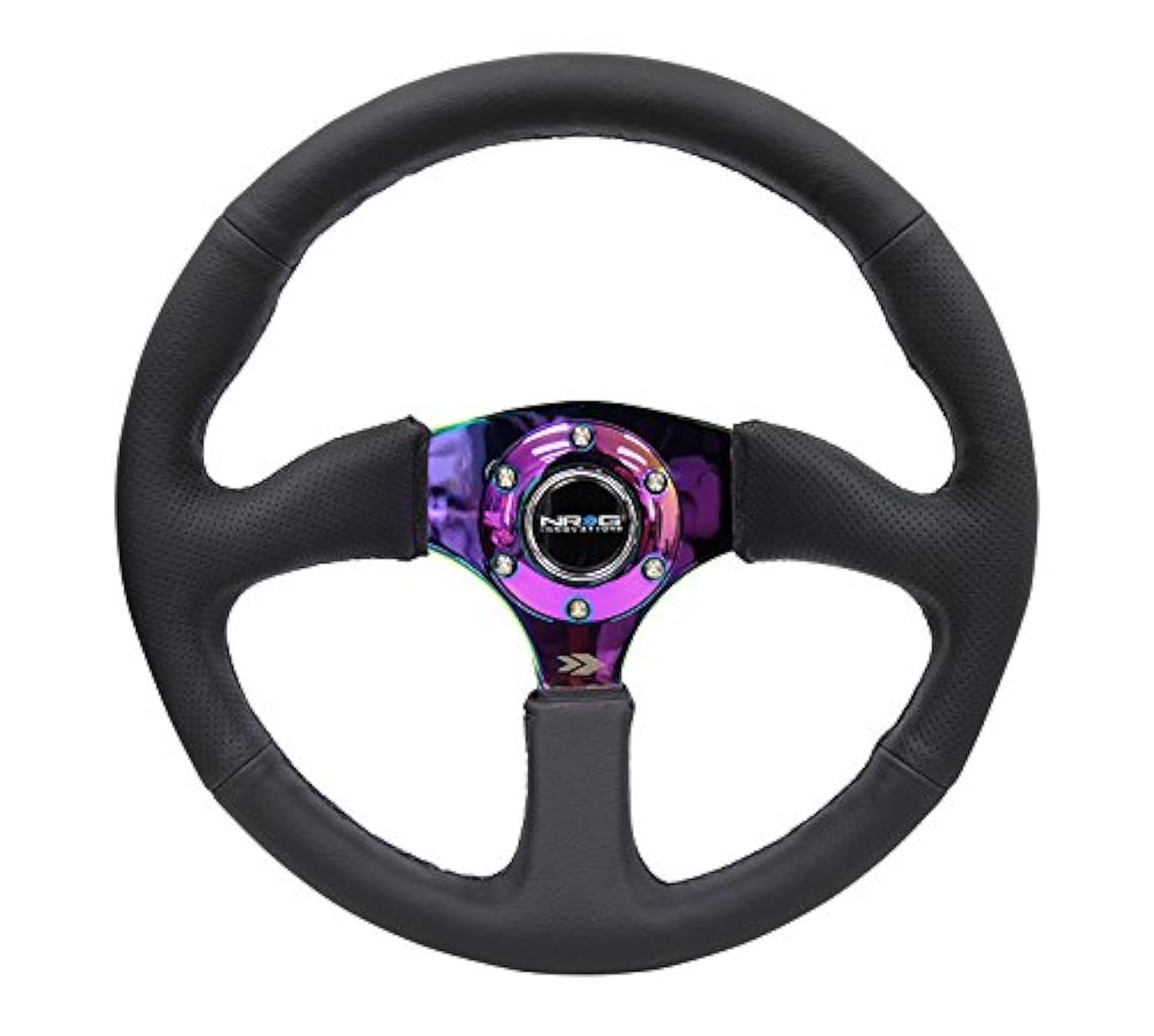 NRG Innovations Reinforced NRG-RST-023MC-R Steering Wheel 350mm Diameter 50mm Depth Sport Leather Racing (2.5" Deep) Comfort Grip, 4mm Metal Neochrome Spoke Double Riveted Spokes