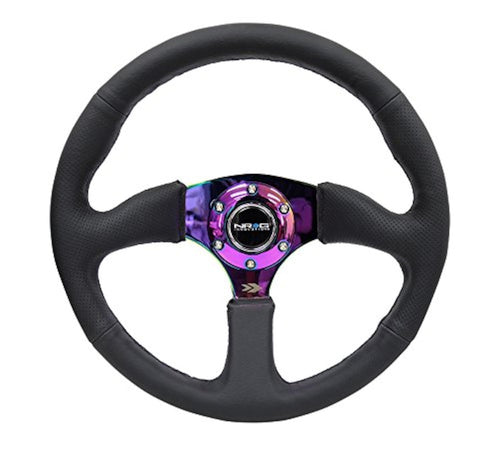 NRG Innovations Reinforced NRG-RST-023MC-R Steering Wheel 350mm Diameter 50mm Depth Sport Leather Racing (2.5" Deep) Comfort Grip, 4mm Metal Neochrome Spoke Double Riveted Spokes