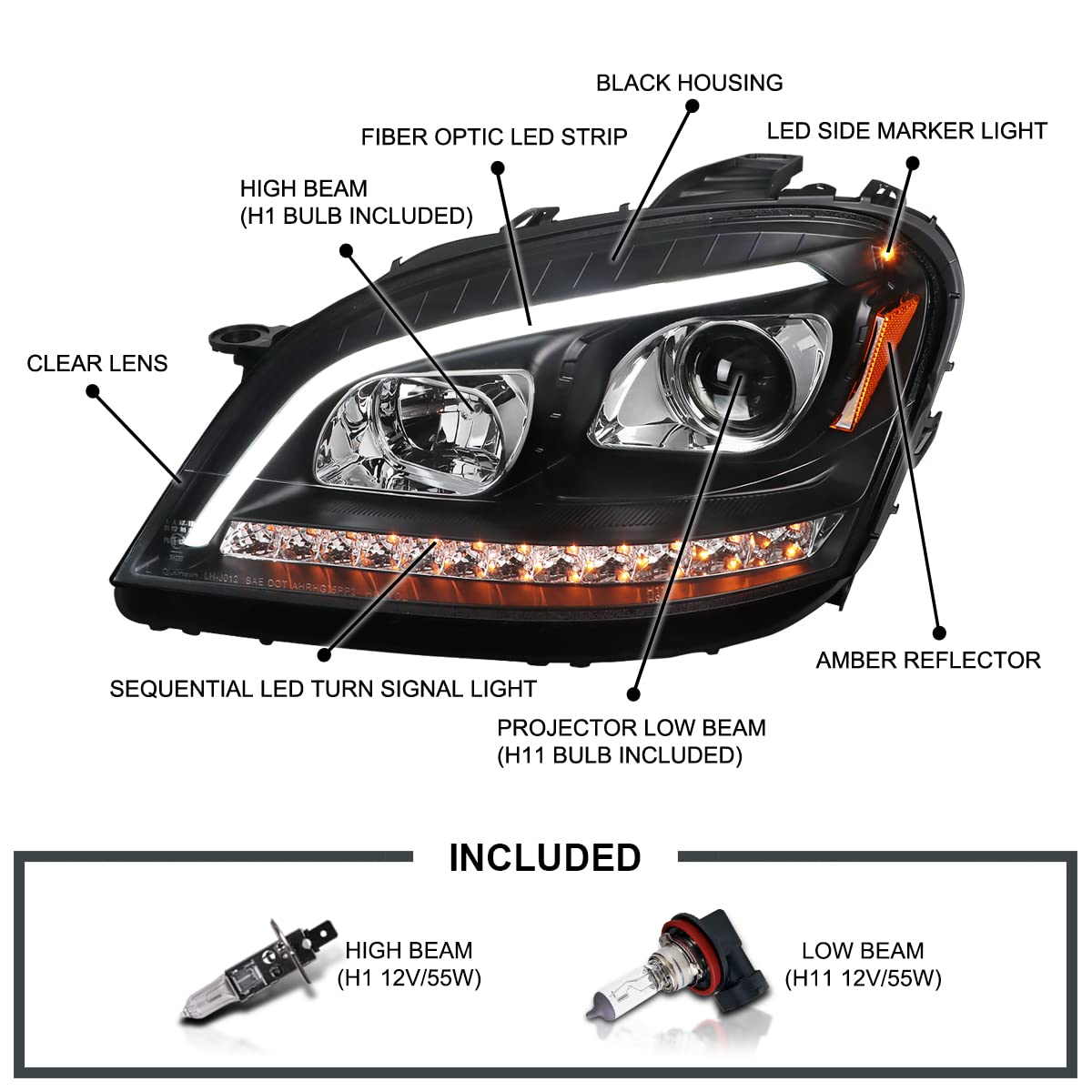 Black Projector Headlights w/LED Sequential Signal SPEC-D TUNING Compatible with 2006-2008 Mercedes Benz W164 ML350 ML500 ML-Class, Left + Right Pair Headlamps Assembly