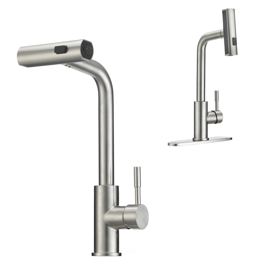 Dura Faucet Rainfall (DF-MK511X-SN) RV Kitchen Faucet – Satin Nickel, Dual-Mode Rotating Spray Head (Wide Waterfall & Stream), Single Lever Handle, Lead-Free, Easy Install Compact Sink Faucet