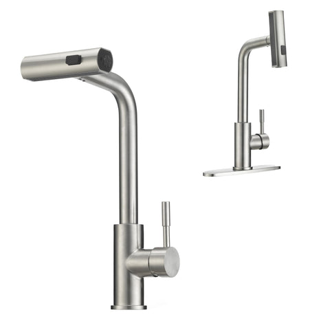 Dura Faucet Rainfall (DF-MK511X-SN) RV Kitchen Faucet – Satin Nickel, Dual-Mode Rotating Spray Head (Wide Waterfall & Stream), Single Lever Handle, Lead-Free, Easy Install Compact Sink Faucet