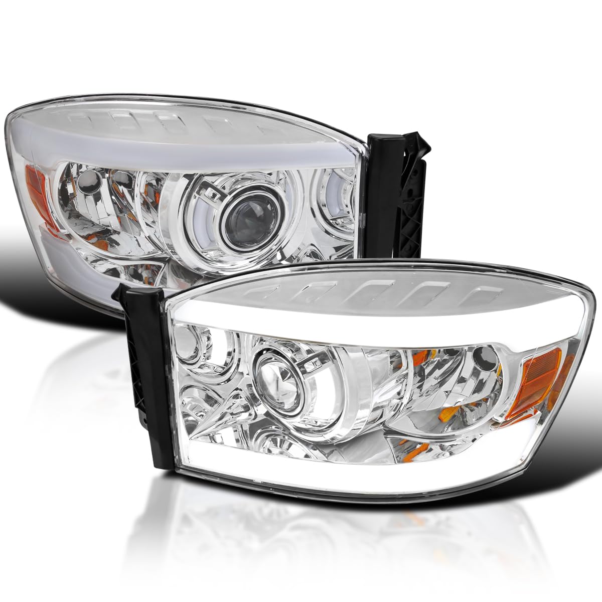 Chrome Housing SPEC-D TUNING Clear Lens LED Tube Projector Headlights Compatible with 2006-2008 Dodge Ram 1500 2500 3500 Left + Right Pair Headlamps Assembly