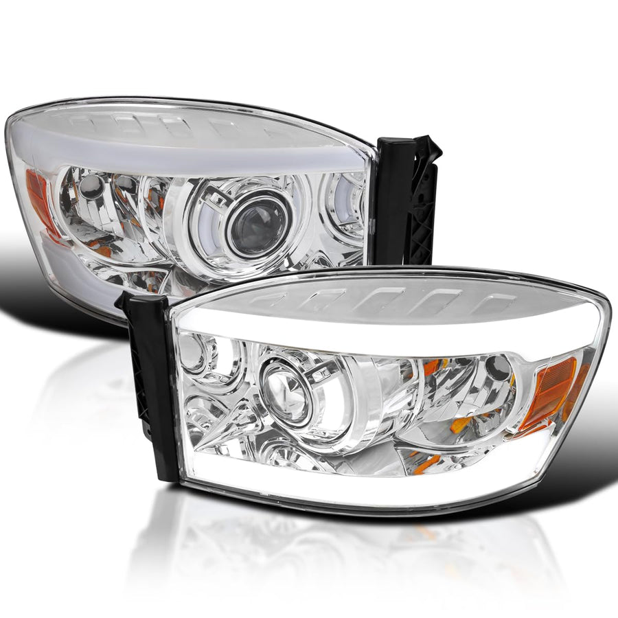 Chrome Housing SPEC-D TUNING Clear Lens LED Tube Projector Headlights Compatible with 2006-2008 Dodge Ram 1500 2500 3500 Left + Right Pair Headlamps Assembly