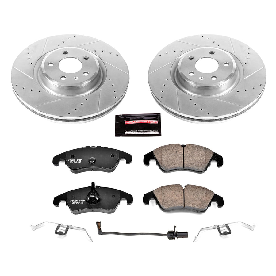 Power Stop K6140 Z23 Carbon Fiber Brake Pads Front with Drilled & Slotted Brake Rotors Kit and 1 Front Sensor Wire For A6, A6 Quattro, A7 Quattro, Q5, S4, S5 [Model Specific]