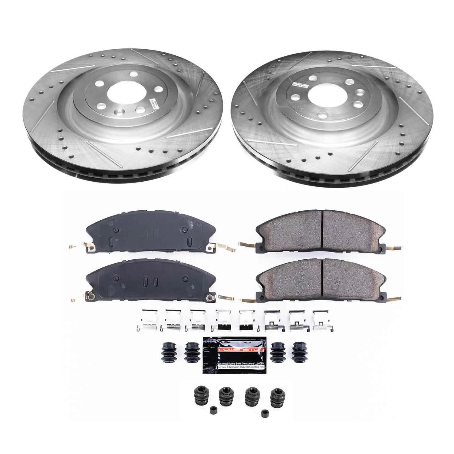Power Stop Front Brake Kit For 2013 2014 2015 2016 2017 2018 2019 Ford Explorer - Carbon Fiber Ceramic Brake Pads & Truck & Tow Drilled and Slotted Rotors Replacement, K6374-36