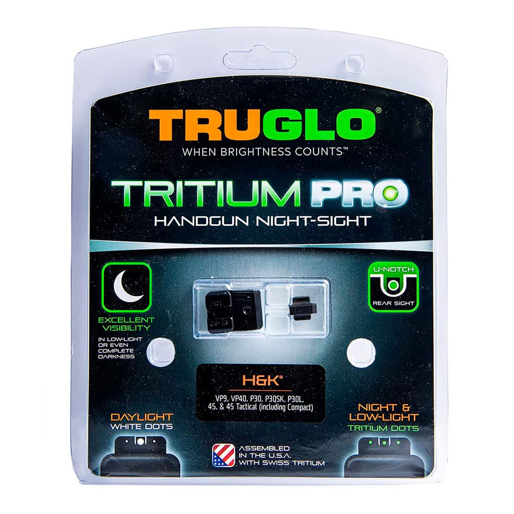 Tritium Pro Night Sights TRUGLO, Compatible with H&K VP9, VP40, P30SK, P30L, 45, & 45 Tactical (Including Compact) | Glow-in-The-Dark Front & Rear Gun Sight Set with White Focus Lock Front Ring