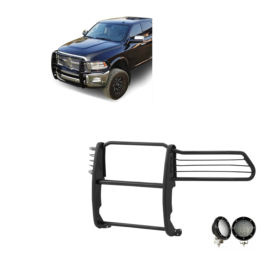 Bumper Guard Modular Black Horse Grille brush Come with Pair of 5.3" Dia.LED Lights with Black Trim Rings Compatible with 2010-2018 Ram 2500|2011-2018 Ram 3500-17DR01MA-PLFB