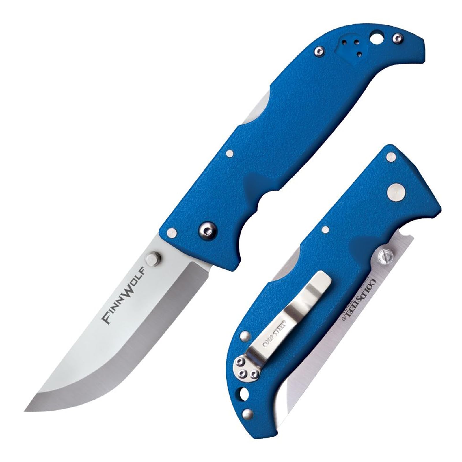 Cold Steel 3.5in Finn Wolf AUS8A Razor-Sharp Straight Back Blade 4.375in Griv-Ex Blue Handle Hunting Folding Knife, Boxed
