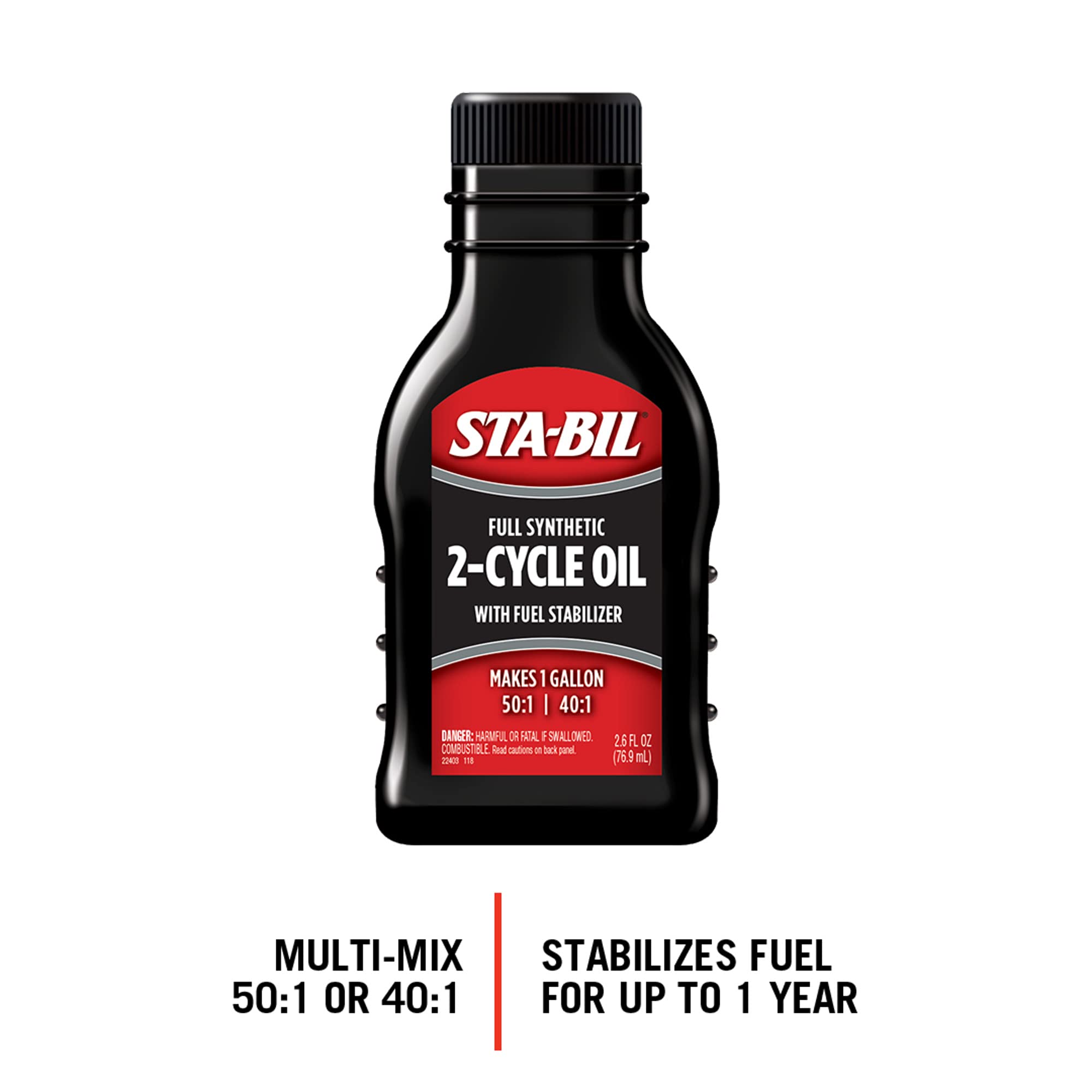 Full Synthetic STA-BIL 2-Cycle Oil - With Fuel Stabilizer For Up To 12 Months Protection - 1 Gallon Multi-Mix - 50:1/40:1 Mix Ratios - Low Smoke Formula, 2.6 fl. oz. (22403)