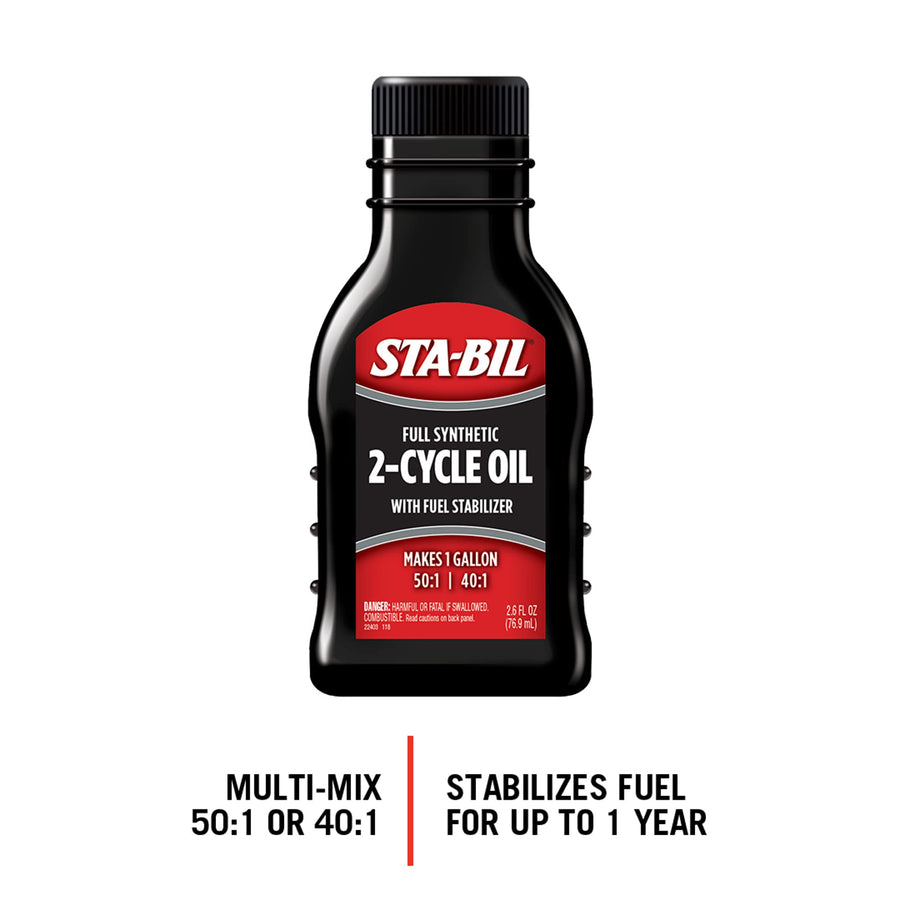 Full Synthetic STA-BIL 2-Cycle Oil - With Fuel Stabilizer For Up To 12 Months Protection - 1 Gallon Multi-Mix - 50:1/40:1 Mix Ratios - Low Smoke Formula, 2.6 fl. oz. (22403)