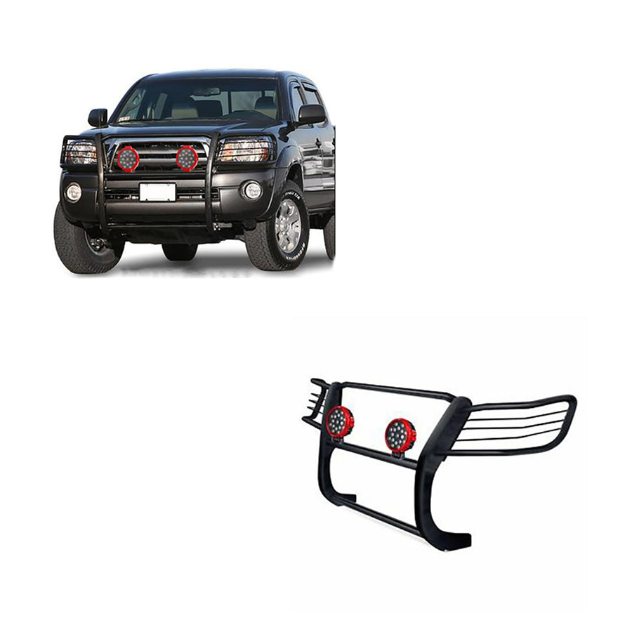 Bumper Guard Black Horse Grille Brush Modular Black Come with Pair of 7.0" Dia.LED Lights with Red Trim Rings Compatible with 2001-2004 Toyota Tacoma-17TO23MA-PLR